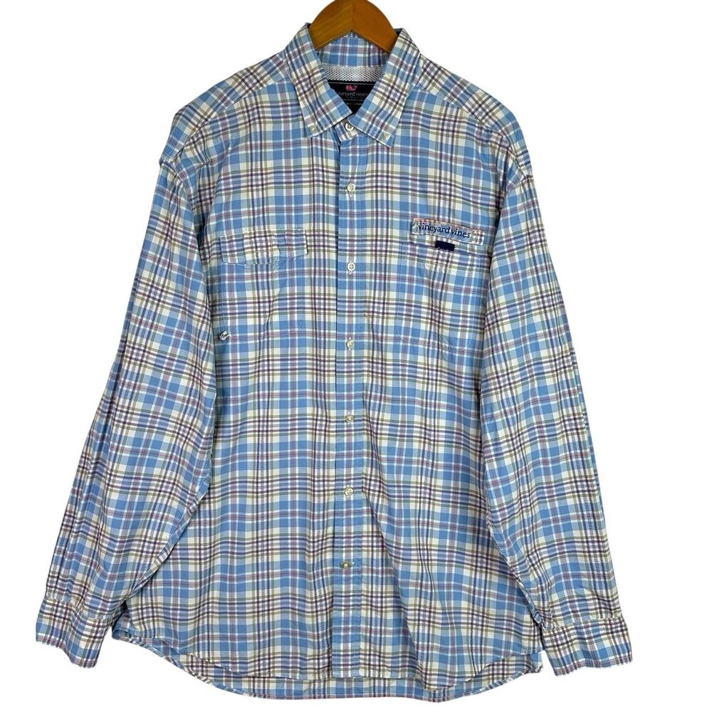 Vineyard Vines Performance Harbor Shirt Mens‎ Sz XL Blue Plaid Vented Seersucker
